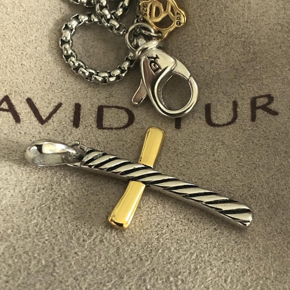 DAVID YURMAN 2MM Cross Necklace in Silver and 18K Gold Adjustable 18"-20"